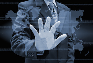 businessman hand pushing a button on a touch screen interface