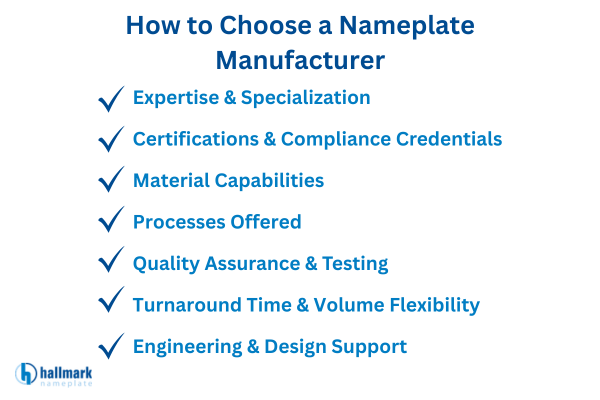 Hallmark Nameplate checklist infographic showing seven criteria for choosing a nameplate manufacturer — expertise, certifications, materials, processes, QA, turnaround, and engineering support