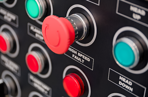 Industrial control panel with emergency stop and push button membrane switches for harsh environment machinery