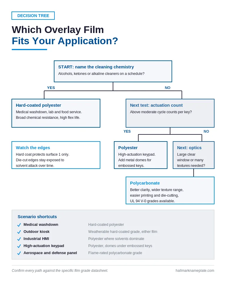 Decision tree for the best material for graphic overlays including medical device overlay material selection