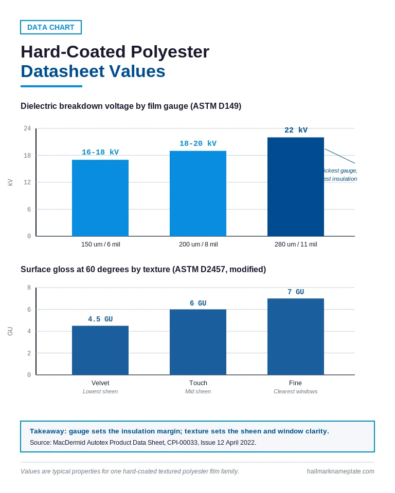 Data chart of flex life of overlay materials and dielectric breakdown by hard coated polyester film gauge