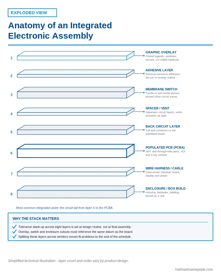 Exploded diagram of an integrated build from PCB assembly companies in USA showing PCBA, membrane switch, graphic overlay, and enclosure layers