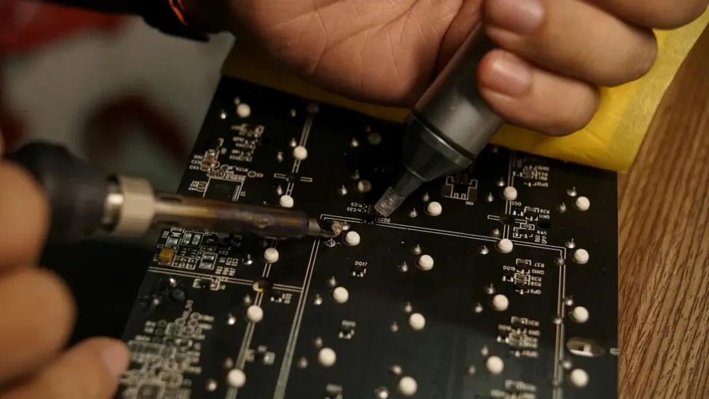 Pcb Manufacturing Usa Assembly Technician soldering a printed circuit board assembly at a workbench, illustrating pcb manufacturing usa