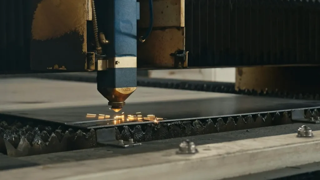featured_metal_laser_cutting Laser cutting machine fabricating metal nameplates in an industrial manufacturing facility