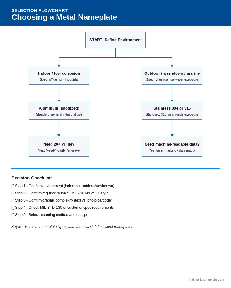Decision flowchart for choosing between aluminum vs stainless steel nameplates based on environment and durability