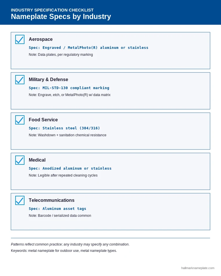 Checklist of metal nameplate types specified by industry for outdoor use including aerospace, military, and food service