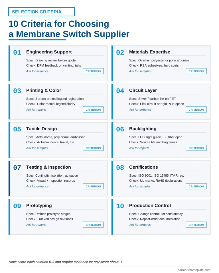 Numbered spec grid of 10 criteria for choosing among the best membrane switch manufacturers, from engineering support to production control