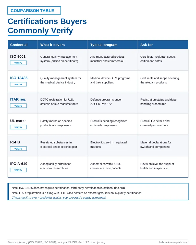 Comparison table of ISO 9001, ISO 13485 membrane switch, ITAR membrane switch registration, UL, and RoHS certifications for buyers