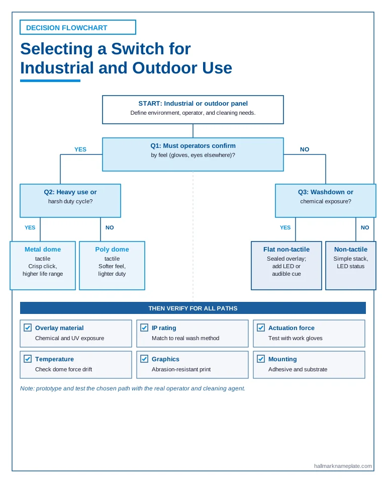 Decision flowchart for choosing a tactile or non tactile membrane switch for industrial equipment with washdown and glove use